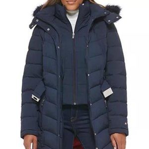 Tommy Hilfiger Women's Navy Long Belted Puffer Coat Faux Fur Hood XL